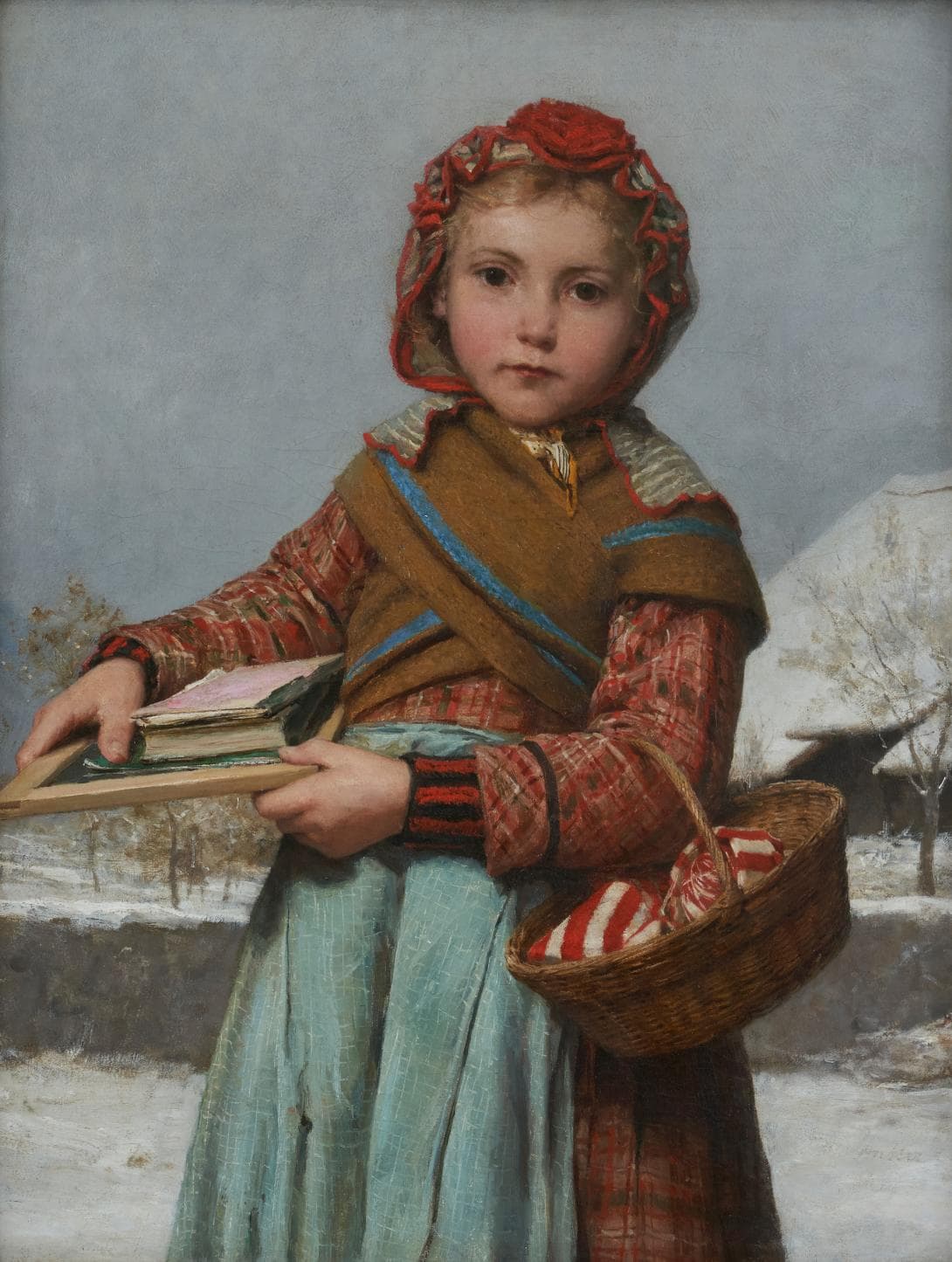 Albert Anker-Schulmädchen mit Schiefertafel und Nähkörbchen 1878