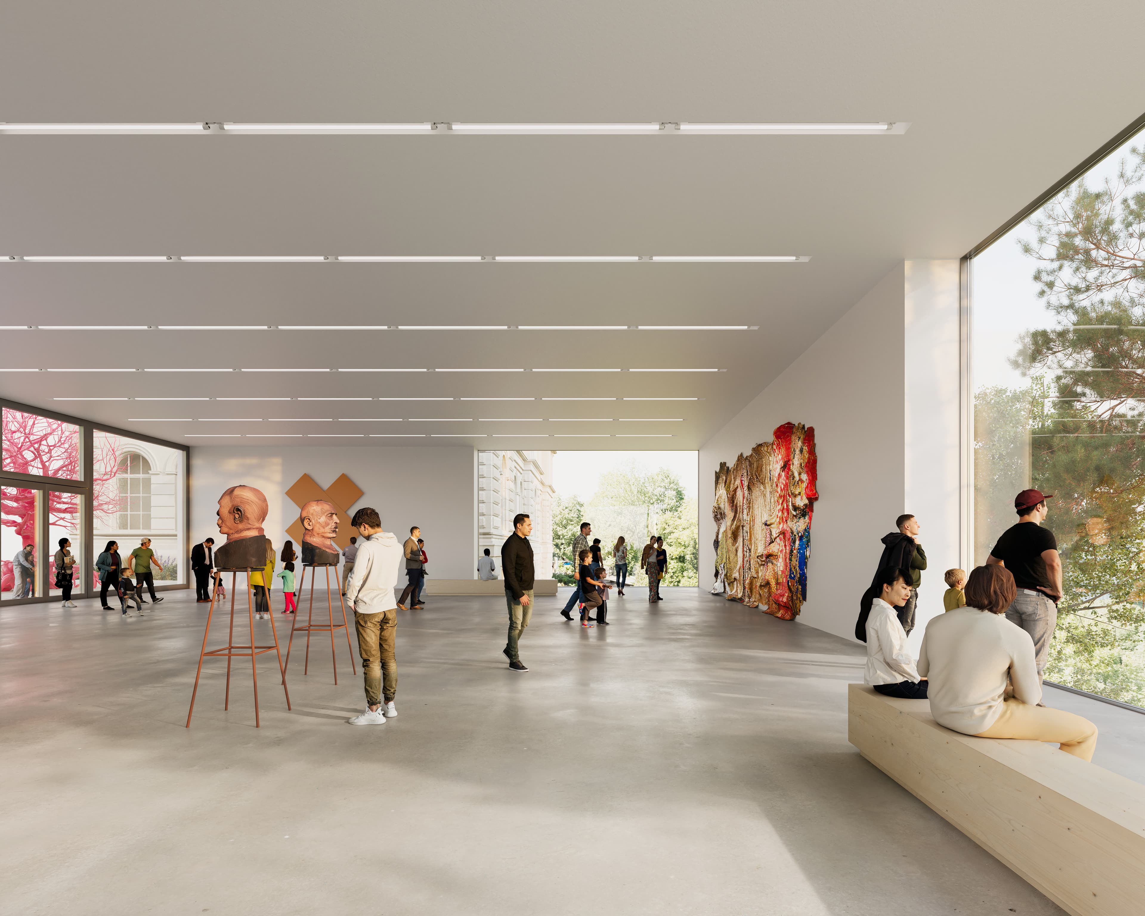 Rendering, Siegerprojekt «Eiger», Ausstellungsraum im Erdgeschoss
